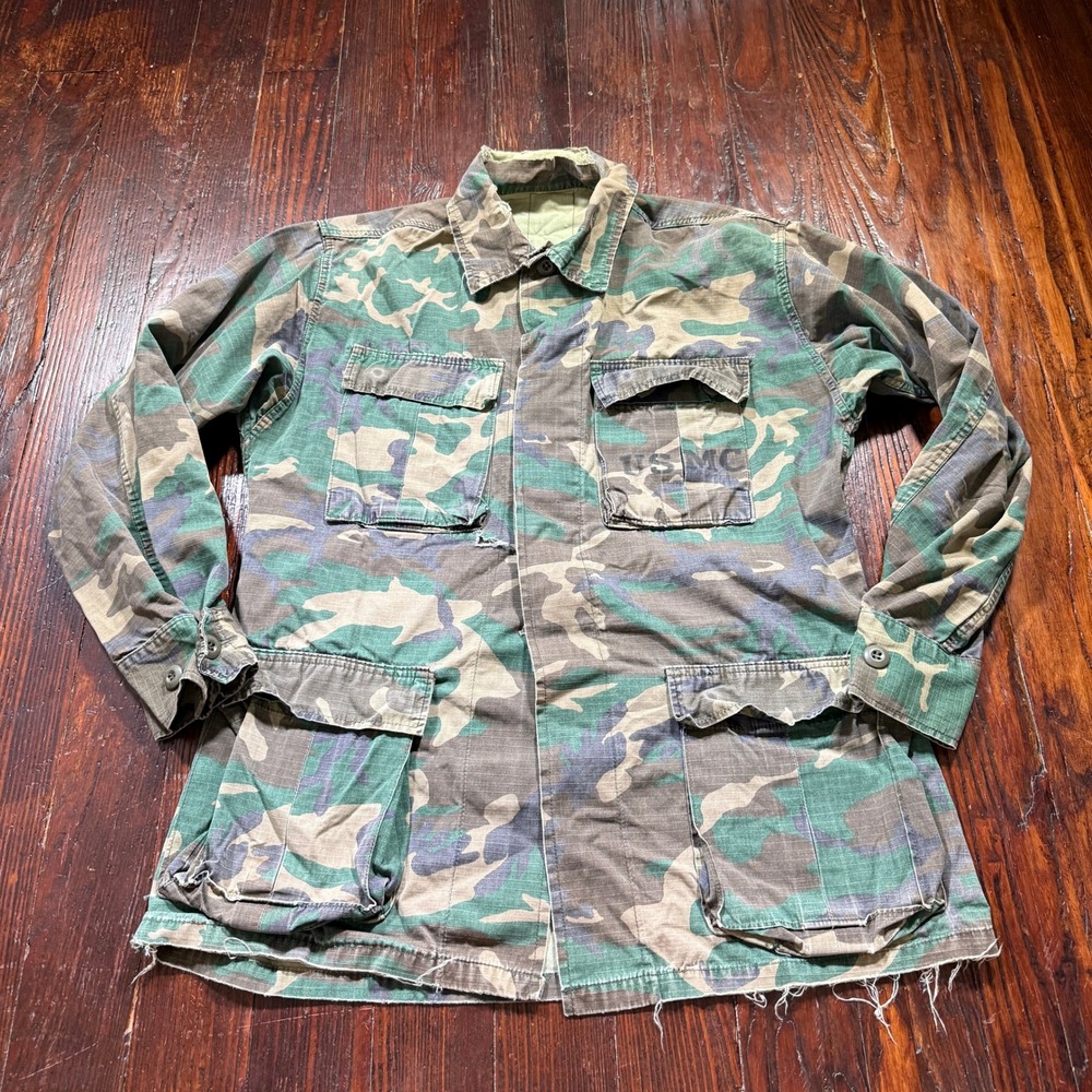 Vintage USMC Military Fatigue Jacket Mens L Woodland Camo Ripstop Distressed